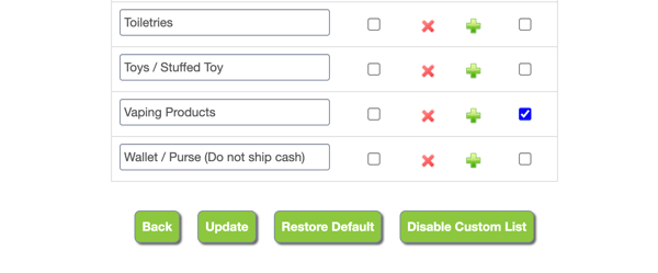 Screenshot of Restore Default and Disable Custom List buttons